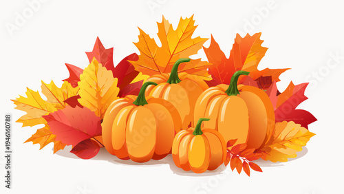 Autumn arrangement of vibrant pumpkins and colorful falling maple leaves