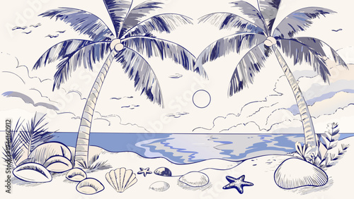 A tranquil beach scene with palm trees and scattered seashells