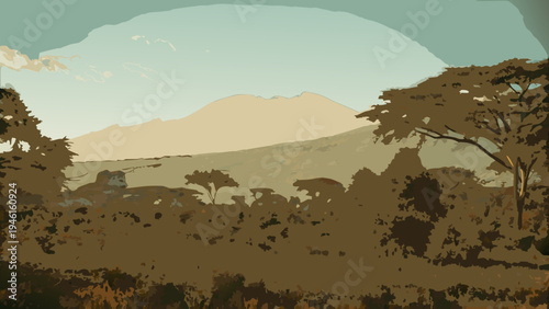 Stylized illustration of a mountain landscape with silhouetted trees