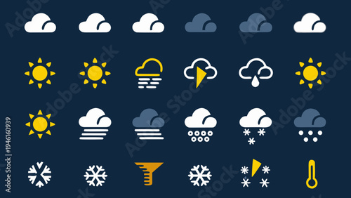 Collection of weather icons depicting various atmospheric conditions and forecasts