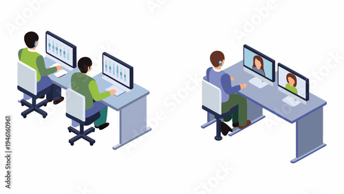 Isometric illustration depicts people working at desks with computer monitors