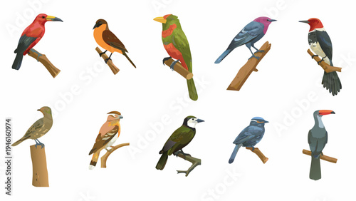 Colorful collection of illustrated tropical birds perched on branches