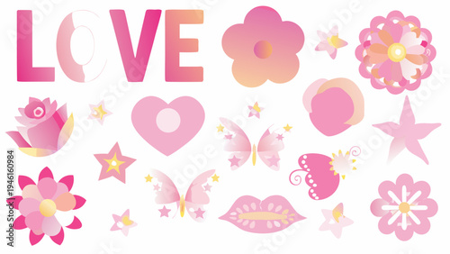 A colorful collection of love themed illustrations and the word love