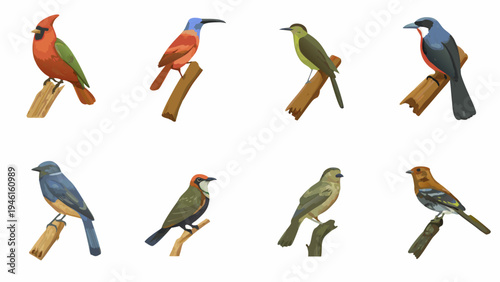 Colorful illustration depicting eight different species of perching birds