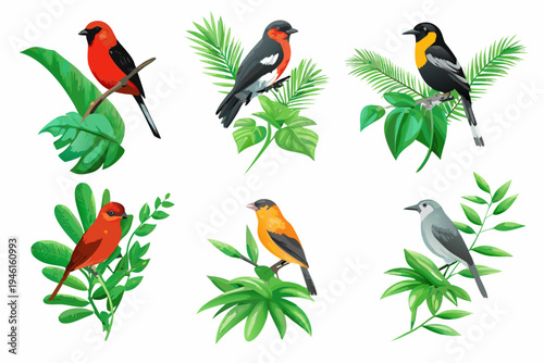 A colorful collection of tropical birds perched on lush green branches