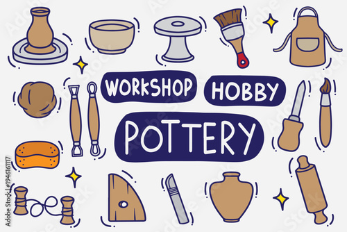 set of pottery doodle with color good for background, wallpaper, element design, icon, etc