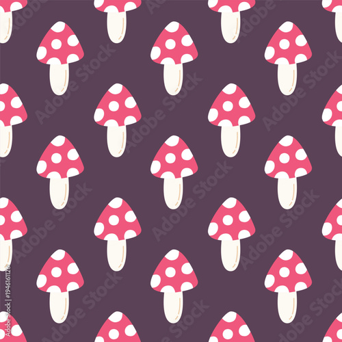 Mushroom seamless pattern. Cute hand drawn toadstool vector illustration. Whimsical forest fungus repeating background for textile, fabric, nursery decor and wrapping design.