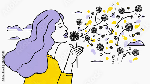 Flat vector illustration of a girl blowing a dandelion, suitable for spring themes, nature blogs, or wish-related designs.