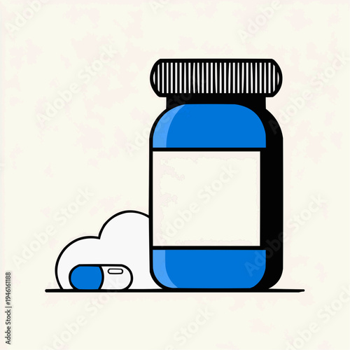 Flat vector illustration of an antihistamine pill bottle with a capsule, suitable for medical websites, health blogs, or pharmaceutical advertisements.