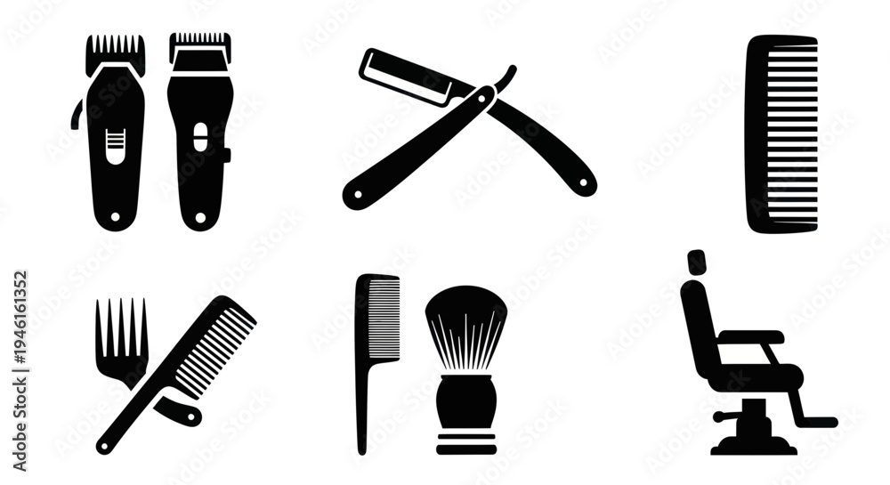 Fototapeta premium Barber Shop Tools Icons Silhouette: Clippers, Razor, Comb, Brush, Chair