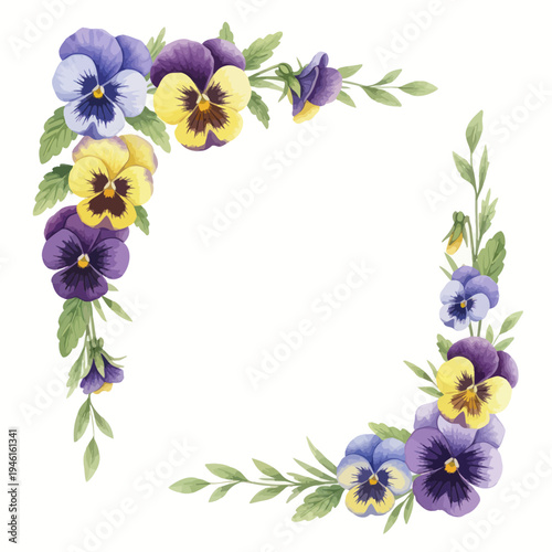 Watercolor Pansy Flower Corner Decoration, Purple and Yellow Blooms
