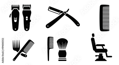 Barber Shop Tools Icons Silhouette: Clippers, Razor, Comb, Brush, Chair
