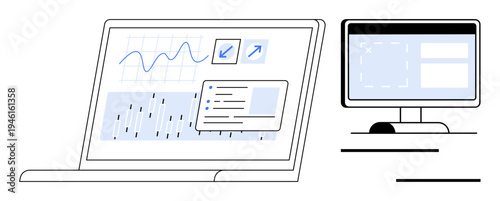 Laptop screen with interactive graphs, charts, and menu beside a desktop computer monitor. Ideal for data analysis, business, finance, technology, education workspace and digital tools. Simple flat