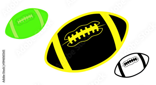 Colorful American Footballs - Green, Black, Yellow, White Illustrations