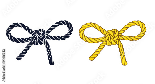 Nautical Bow Tie Knot with Dark Blue and Yellow Rope, Isolated on White