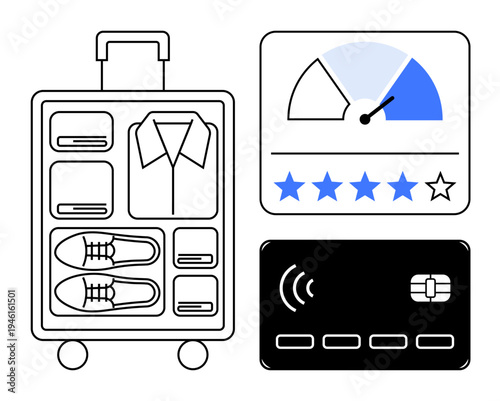Travel essentials. Packed suitcase, a credit card, and a customer rating visual together travel organization and smooth financial transactions. Useful for travel, e-commerce, customer service
