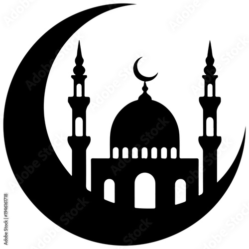 A black silhouette of a mosque with a crescent moon