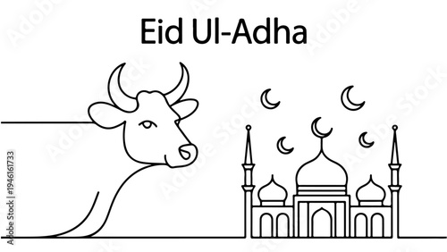 Eid ul-adha celebration with mosque and bull