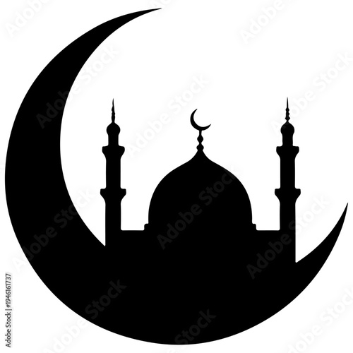 A black silhouette of a mosque with a crescent moon