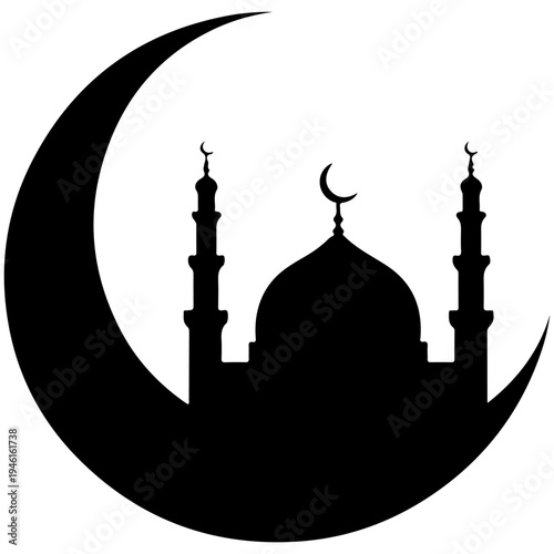 A black silhouette of a mosque on a crescent moon