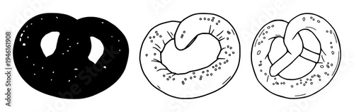Pretzel set with flat 2D vector illustration featuring soft pretzel, salt crystals, bakery theme with bold black outlines and isolated white