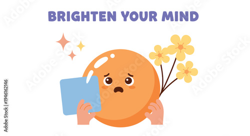 Vector illustration of stressed face with flowers and book