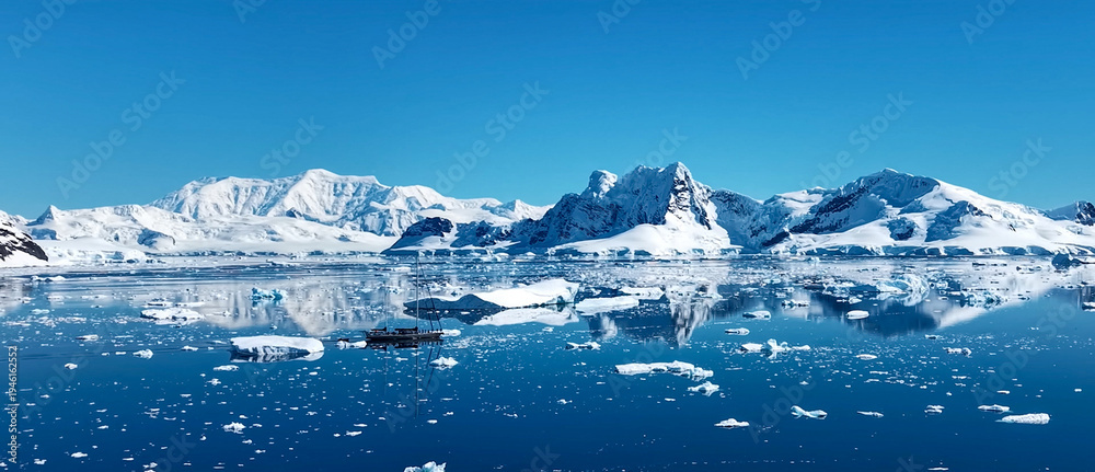 Obraz premium A small sailboat navigating through calm blue waters filled with icebergs and surrounded by snow-capped mountains