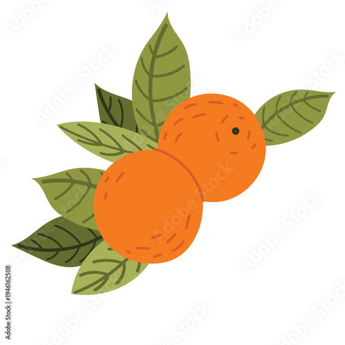 Oranges with green leaves composition. Fresh citrus fruit illustration in flat vector style isolated on white background. Organic healthy food icon for grocery products, packaging and market design.