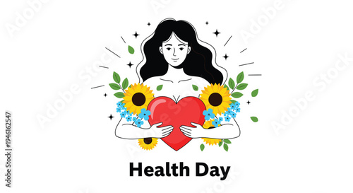 Vector illustration of woman holding heart for Health Day