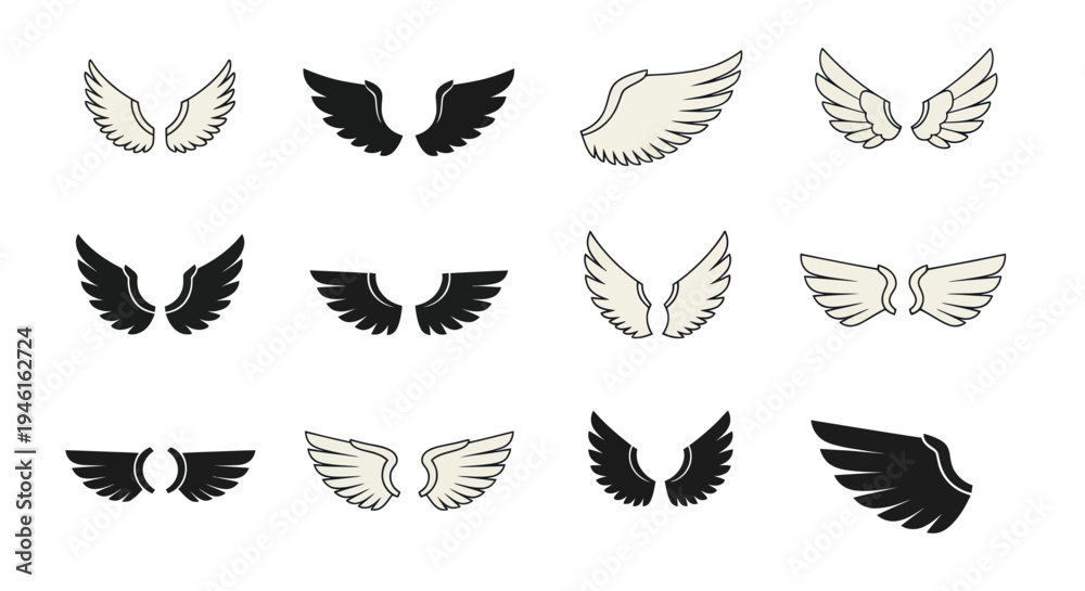 Fototapeta premium Collection of Angel Wings Icons, Black and White, Vector Graphics