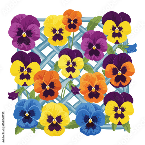 Colorful Pansy Flowers Growing on a Blue Lattice Garden Trellis