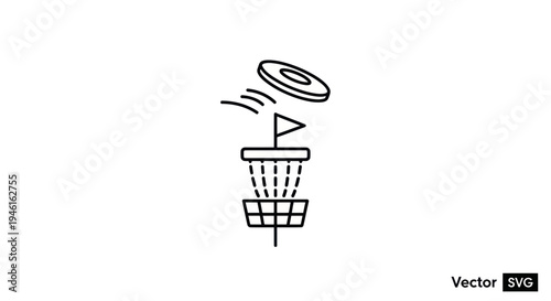 Disc Golf Icon: Flying Disc Over Basket with Flag