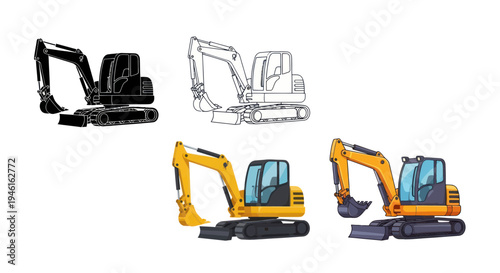 Excavator Construction Machine Set: Silhouette, Outline, and Color Illustrations