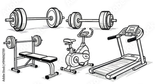 Gym Equipment Set: Treadmill, Exercise Bike, Barbell, Weight Bench
