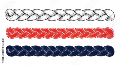 Three Braids: White, Red, and Blue, Textured Hand-Drawn Style