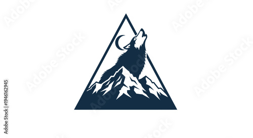 Wolf howling at moon on mountain peak inside triangle, wilderness logo