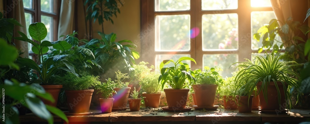 Fototapeta premium Green houseplants on rustic shelf get water misted. Sunlight streams through window creating rainbow flares in bright indoor garden sanctuary.
