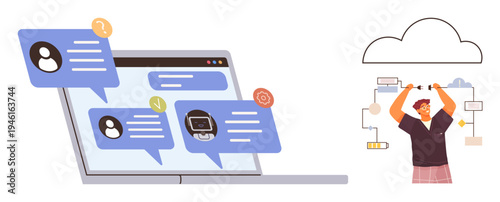 Cloud technology, remote work, digital communication, online collaboration, networking, and data management. A laptop with chat messages and a person with a server setup. Cloud technology and remote