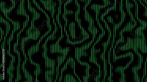 Green halftone camouflage dot waves creating organic digital pattern on black background