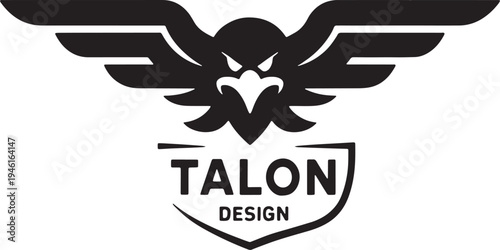 Black silhouette of a fierce eagle with wings spread above the word T A L O N D E S I G N on a shield