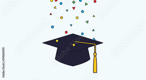 Graduation Cap with Tassel and Falling Confetti.