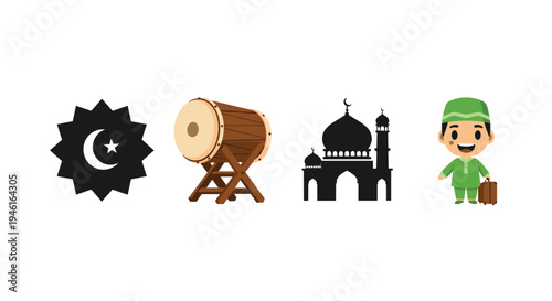 Icon Set Ramadhan Kareem, Eid Mubarak, Eid Al Fitr Flat Minimalist Design Illustration