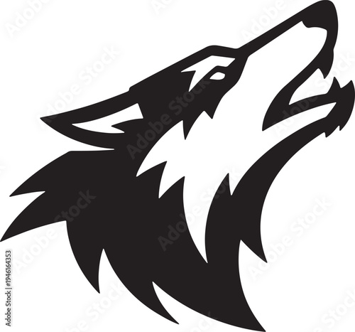 Black silhouette of a wolf head howling with sharp teeth and pointed ears black and white