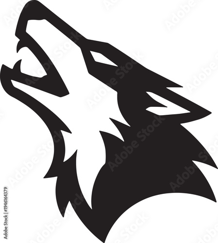 Black silhouette of a wolf head howling with sharp teeth and pointed ears on a white background