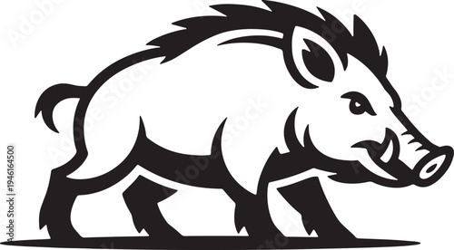 Stylized black and white wild boar charging forward with tusks and bristly mane animal