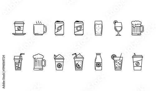 Premium drink line icon set with coffee tea soda beer wine juice smoothie and beverage symbols