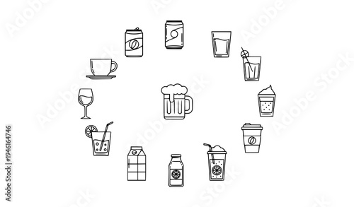 Modern beverage outline icon collection with coffee tea soda beer wine juice smoothie drink symbols
