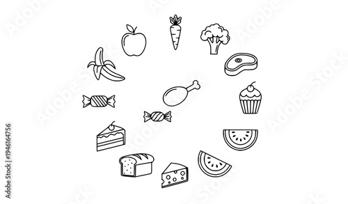 Modern food outline icon collection with fruit vegetable meat candy cake and dessert symbols