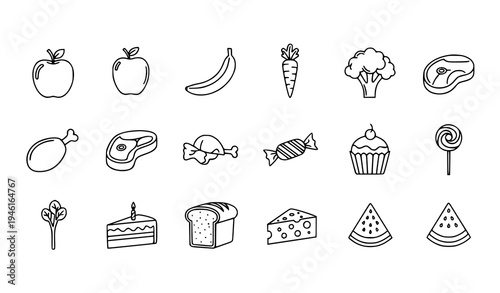 Black line food icon set with fruit vegetables meat candy cake and dessert outline symbols