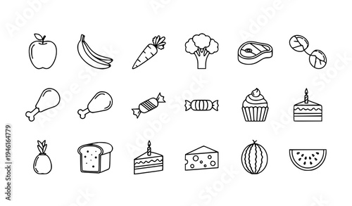 Food line icon set with fruit vegetables meat candy cake and dessert outline vector symbols